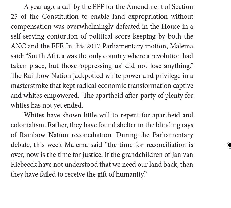 kimheller3's tweet image. In my book NO WHITE LIES I quote Julius Malema 

“The time for reconciliation is over, now is the time for justice. If the grandchildren of Jan Van Riebeeck have not understood that we need our land back, then they have failed to receive the gift of humanity’