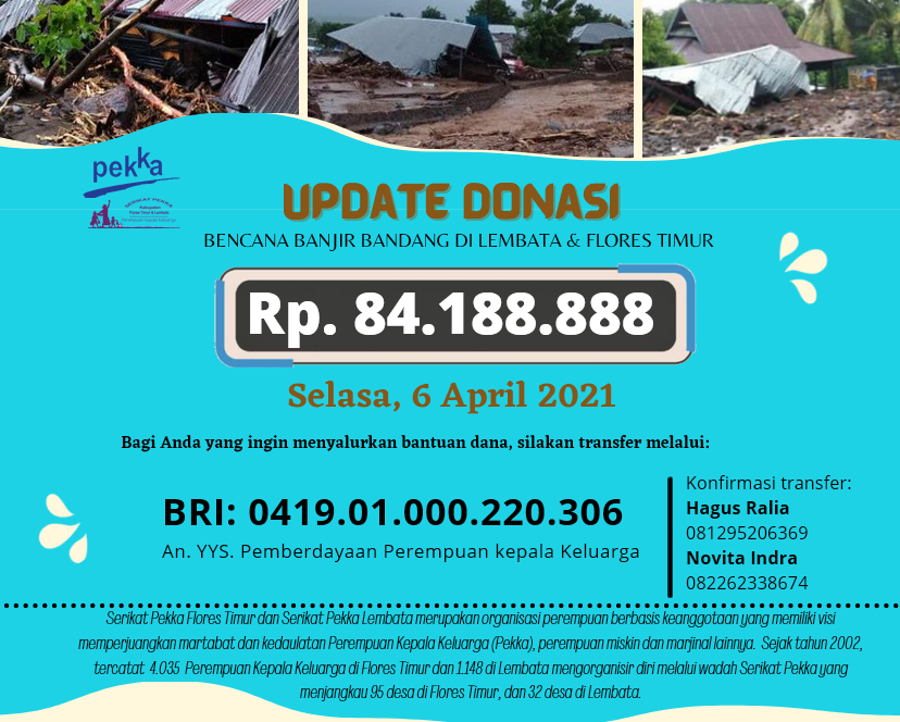 yayasanpekka's tweet photo. Mari salurkan membantu untuk saudara kita melalui POSKO PEKKA PEDULI. Sedikit bantuan kita, sangat berarti bagi mereka.
Berikut kami sampaikan jumlah donasi yang kami terima hingga Selasa, 6 April 2021. Kami akan melaporkan jumlah donasi yang masuk secara berkala.
#prayforNTT https://t.co/WOARg5hq8x
