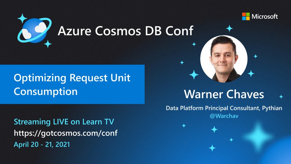 Warner Chaves (@warchav) on Twitter photo Hola amigos y amigas! Join me April 20-21, 2021 at <a href="/AzureCosmosDB/">Azure Cosmos DB</a> Conf for my session, "Optimizing Request Units Consumption". Full of demos of the consumption models and settings that affect your RU usage!
Get a Save the Date for your calendar today at gotcosmos.com/conf Hola amigos y amigas! Join me April 20-21, 2021 at <a href="/AzureCosmosDB/">Azure Cosmos DB</a> Conf for my session, "Optimizing Request Units Consumption". Full of demos of the consumption models and settings that affect your RU usage!
Get a Save the Date for your calendar today at gotcosmos.com/conf