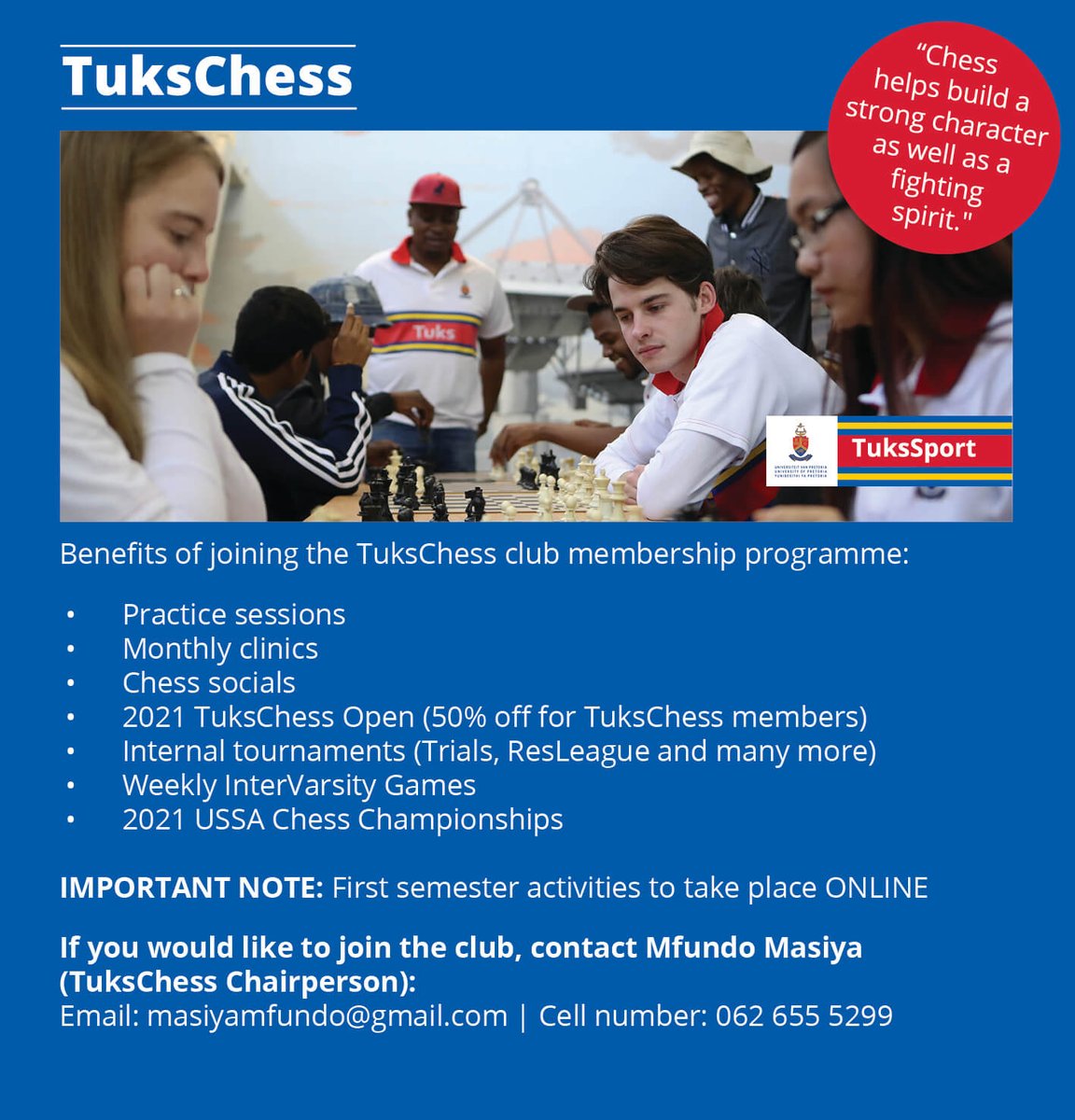 TuksSport's tweet photo. ποΈ #ChooseDay
βοΈ Choose #TuksChess
βοΈ #CheckMate11
Join TuksChess and reap the benefits of the membership program such as:
βοΈ Monthly clinics
βοΈ Chess socials
βΉοΈ Contact Mfundo Masiya (TuksChess Chairperson) on 062 655 5299 OR masiyamfundo@gmail.com, for more info https://t.co/M9UsdiUcNX