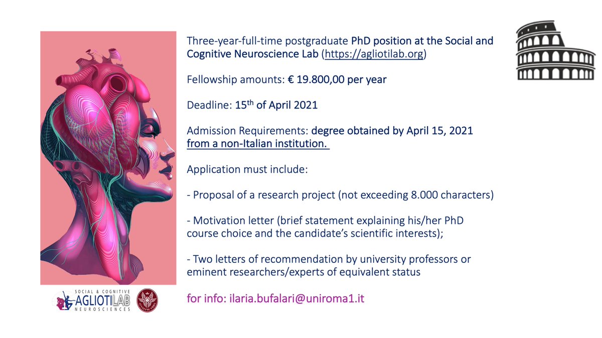 SCNL - AgliotiLab (@scnl_agliotilab) on Twitter photo ***OPEN #PhDposition <a href="/SCNL_AgliotiLab/">SCNL - AgliotiLab</a> for students who graduated outside Italy***
Deadline🗓️15th of April 2021
Check the official call ➡️uniroma1.it/sites/default/…
Potential Topics: Body representation, #Interoception, plasticity of the self... ***OPEN #PhDposition <a href="/SCNL_AgliotiLab/">SCNL - AgliotiLab</a> for students who graduated outside Italy***
Deadline🗓️15th of April 2021
Check the official call ➡️uniroma1.it/sites/default/…
Potential Topics: Body representation, #Interoception, plasticity of the self...