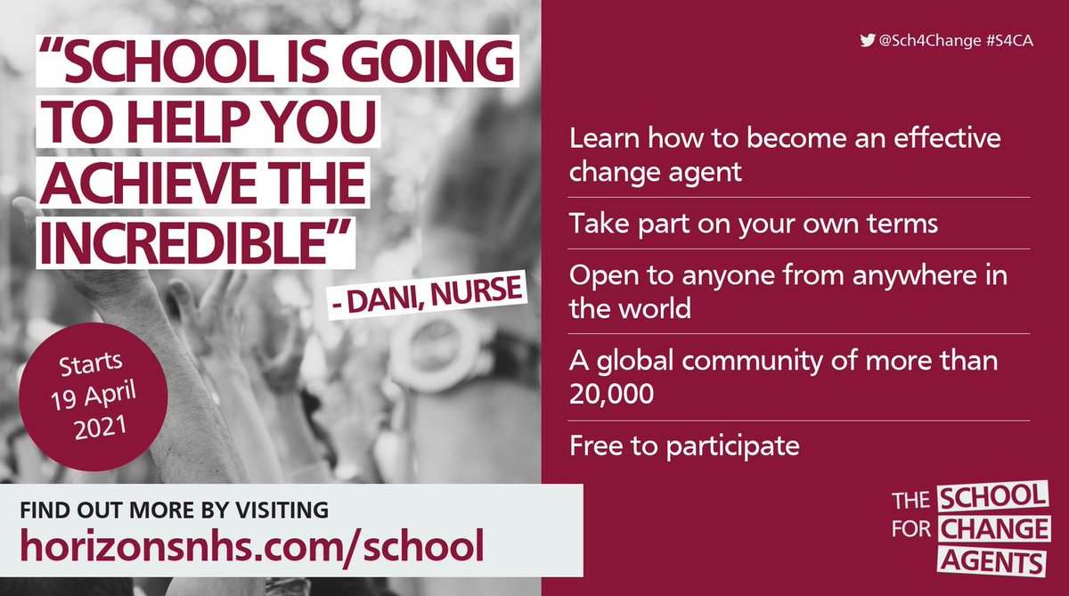 Exciting news! #S4CA starts again on 19 April!
💙 Learn how to become an effective change agent
💙 Take part on your own terms
💙 Open to anyone from anywhere in the world
💙 A global community of more than 20,000
💙 Free to participate!
Sign up now: horizonsnhs.com/school/