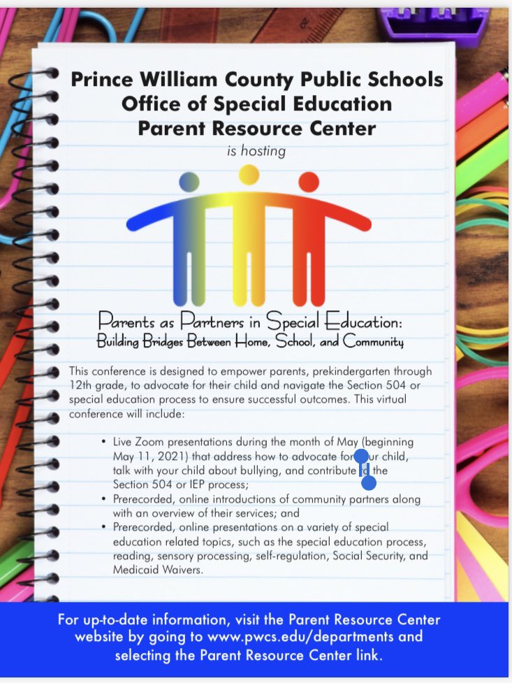 Join us for our annual Parents as Partners conference which will be held virtually on May 11! #PWCSOSEPrpud