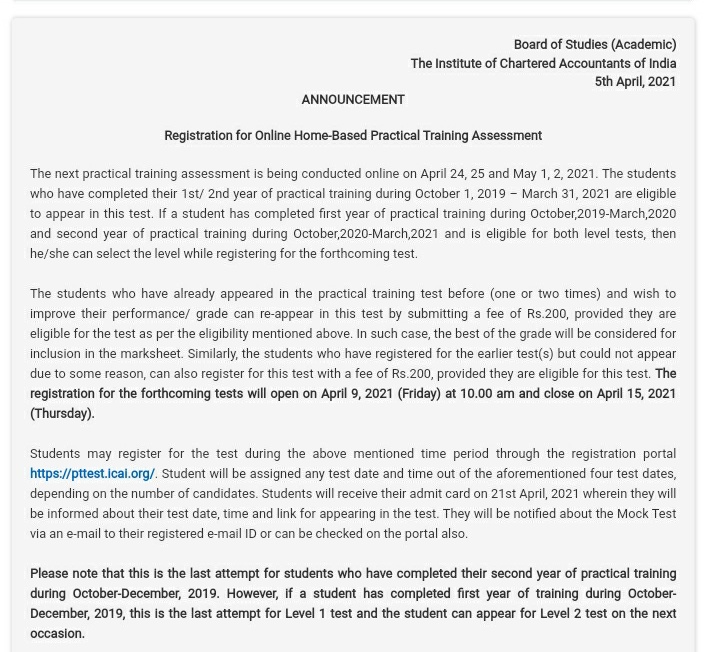 IndoreCicasa's tweet photo. *Important Announcement* 
 *Registration for Online Home Based Practical Training Assessment*
Test Dates: 24th &amp; 25th April and 1st &amp; 2nd May, 2021The *Registration* for the tests will *open on 9th April, 2021 at 10:00 am and close on 15th April, 2021*
Regards
Team CICASA Indore https://t.co/0kThU6AGI0