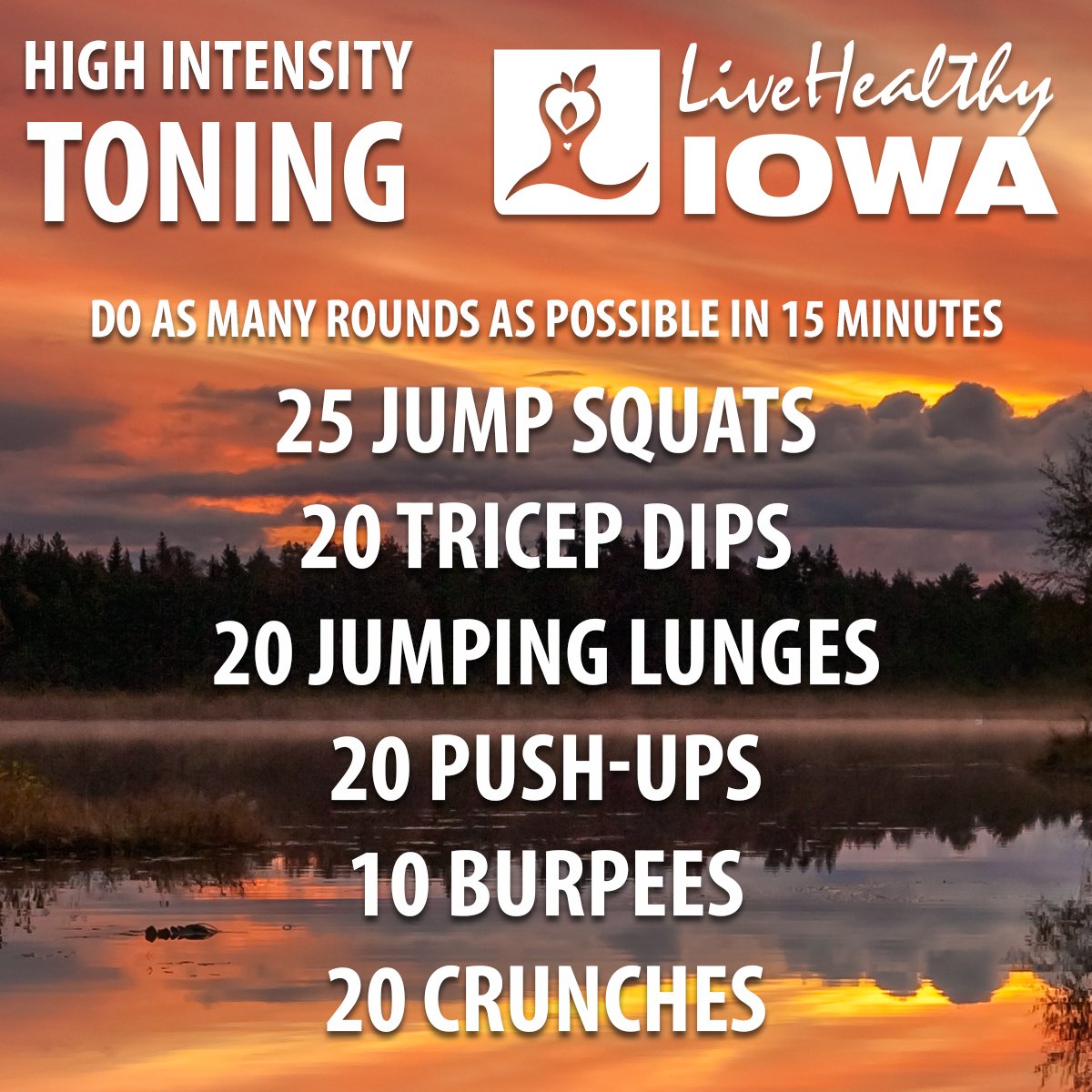 livehealthyiowa's tweet image. You have 15 minutes to give it all you got! Combine this with some cardio and stretching and you have yourself a great workout.

#LiveHealthyIowa #keepmovingIowa #highintensityworkout