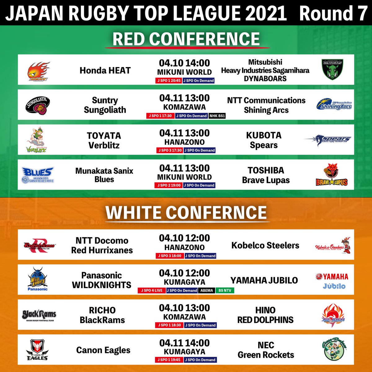 【#トップリーグ2021 第7節】

🔷今週末の試合と放送予定

#rugbyjp  #topleague #Round7