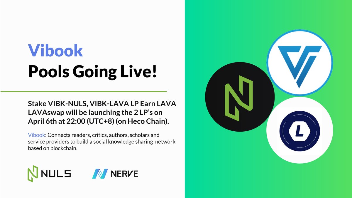 Nuls's tweet photo. Vibook Pools Going Live
Farming will begin 22:00 (UTC+8) on April 6th
Add liquidity to one of the following pairs and use the LP tokens to farm on:
https://t.co/sn8NZfeMeB
1️⃣ VIBK-NULS LP earn $LAVA
2️⃣ VIBK-LAVA LP earn $LAVA
#HecoChain #ht #LAVA $NULS $LAVA https://t.co/Y3EUzsdAFK