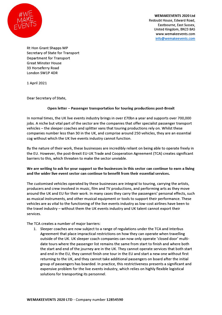 WeMakeEventsoff's tweet photo. Today, we're joined by over 150 artists, managers and politicians in an open letter to Transport Secretary @grantshapps to find a solution for specialist transport businesses unable to operate due to #Brexit.
📩Full letter: https://t.co/TZj2FdrFAV

 #WeMakeEvents #Touring https://t.co/6bjqeh3TW3