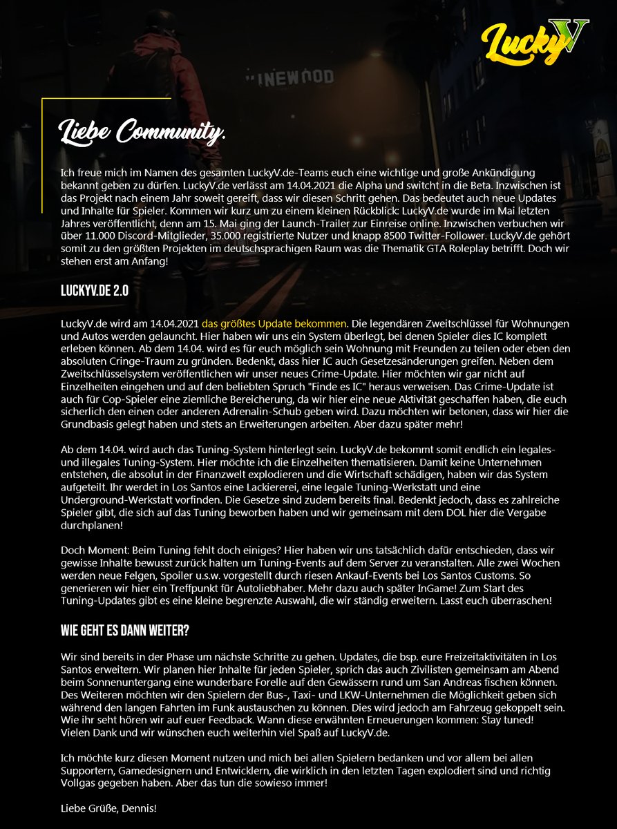 Das größte <a href="/LuckyVde/">LuckyV.de</a>-Update aller Zeiten bekommt seinen Termin! Hier die Patchnotes, Release-Termin, Features und einen Ausblick auf weitere Inhalte. 

Wir freuen uns auf euch!