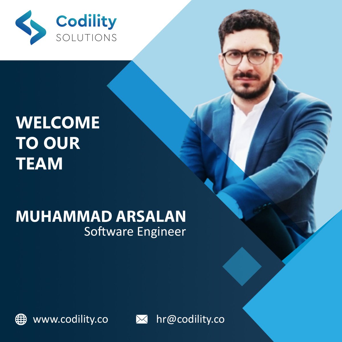 CodilitySoluti1's tweet photo. Welcome on board Muhammad Arsalan!
We congratulate you for joining us as a Software Engineer. We are looking forward to the company’s success with you.
#newhires #employees #worklife #teamwork #success #EmployeeEngagement #WelcometoCodilitySolutions https://t.co/hFGeihXHgF