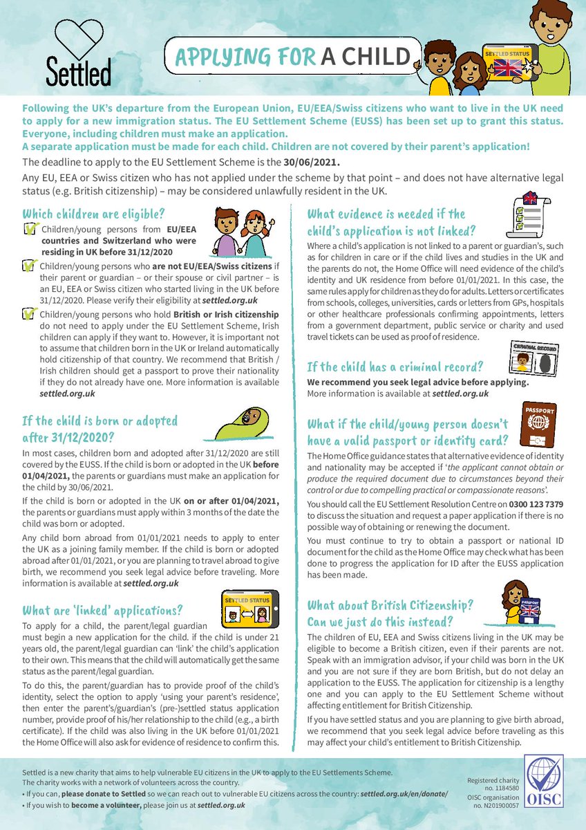 WeAreSettled's tweet photo. Applications to the EU Settlement Scheme must be made for each individual person, including children.

Children are not covered by their parent's application.

Please help us spread this message by sharing this informational leaflet helping those applying for a child. https://t.co/wRt64N1G2K