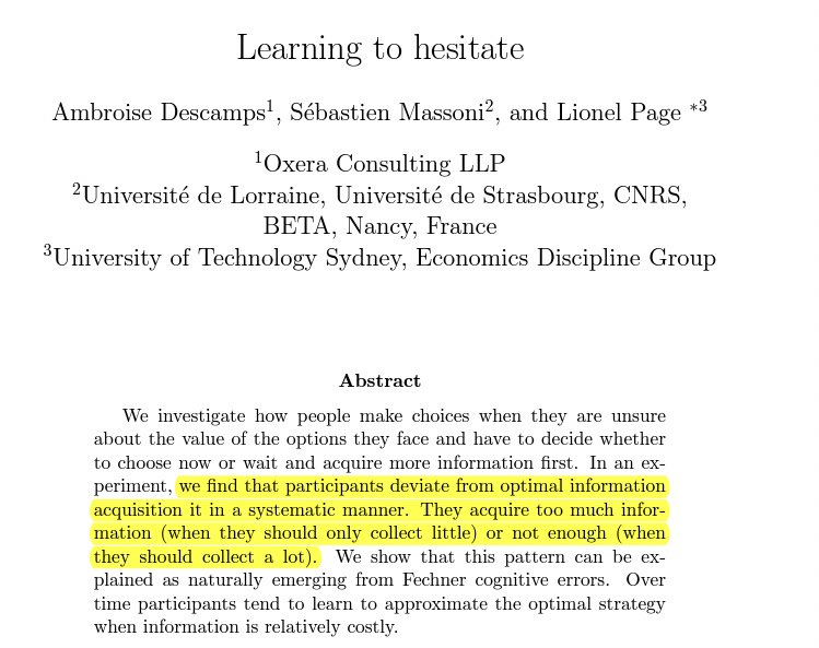 page_eco's tweet image. You are likely to spend:
- Too much time thinking about small decisions, like which pen to buy. 
🖌🖋

- Not enough time thinking about big decisions, like which house to buy. 
🏘🏡

But you likely learn from experience.

Just accepted @ Experim. Econ. 1/
ideas.repec.org/p/osf/socarx/6…