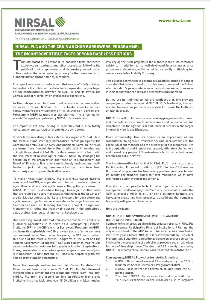 nirsalconnect's tweet photo. NIRSAL Plc and the CBN's Anchor Borrowers' Programme: The Incontrovertible facts beyond baselees fictions. https://t.co/UMXrI1vnk5