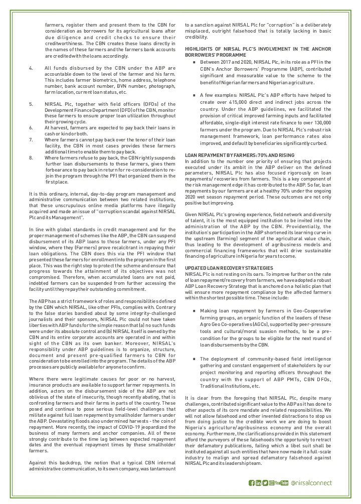nirsalconnect's tweet photo. NIRSAL Plc and the CBN's Anchor Borrowers' Programme: The Incontrovertible facts beyond baselees fictions. https://t.co/UMXrI1vnk5