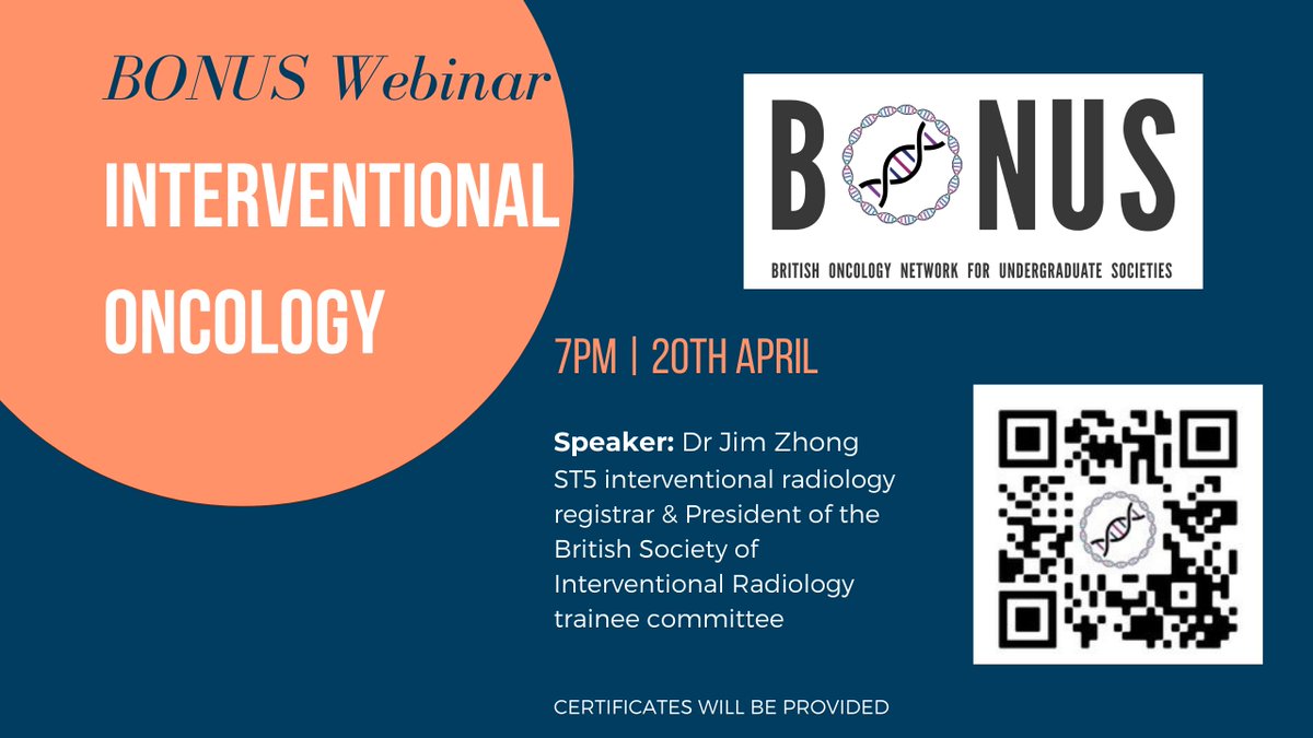 BONUSOncSoc's tweet photo. BONUS Webinar | Interventional Oncology

Join us as we hear from Dr Jim Zhong, ST5 Interventional Radiology registrar &amp; President of @TraineesBSIR

Date: 7pm, Tuesday 20th April
Sign up: https://t.co/CUPyEF06e8
FB: https://t.co/G5fbyxp1OS https://t.co/ft50P4Vm5S