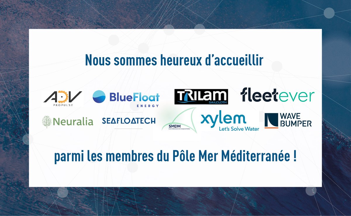 PoleMerMed's tweet photo. 📣🚀 Ils rejoignent les membres du @PoleMerMed
👉 #AdvPropulse #BlueFloatEnergy #CustomLaminatesManufactoring #Fleetever #Neuralia @seafloatech, la Société Méditerranéenne de Développement Maritime, @XylemFrance & @wavebumper.
Plus d'infos sur :
🔗 https://t.co/uaGMEZchmo https://t.co/3gsrlNwfVZ