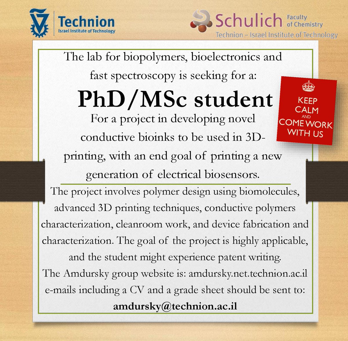 Our lab is seeking for a graduate student for a multidisciplinary and highly interesting project. The Technion is welcoming students from all over the world, and offer a unique international environment and new housing options. Please spread the news :)