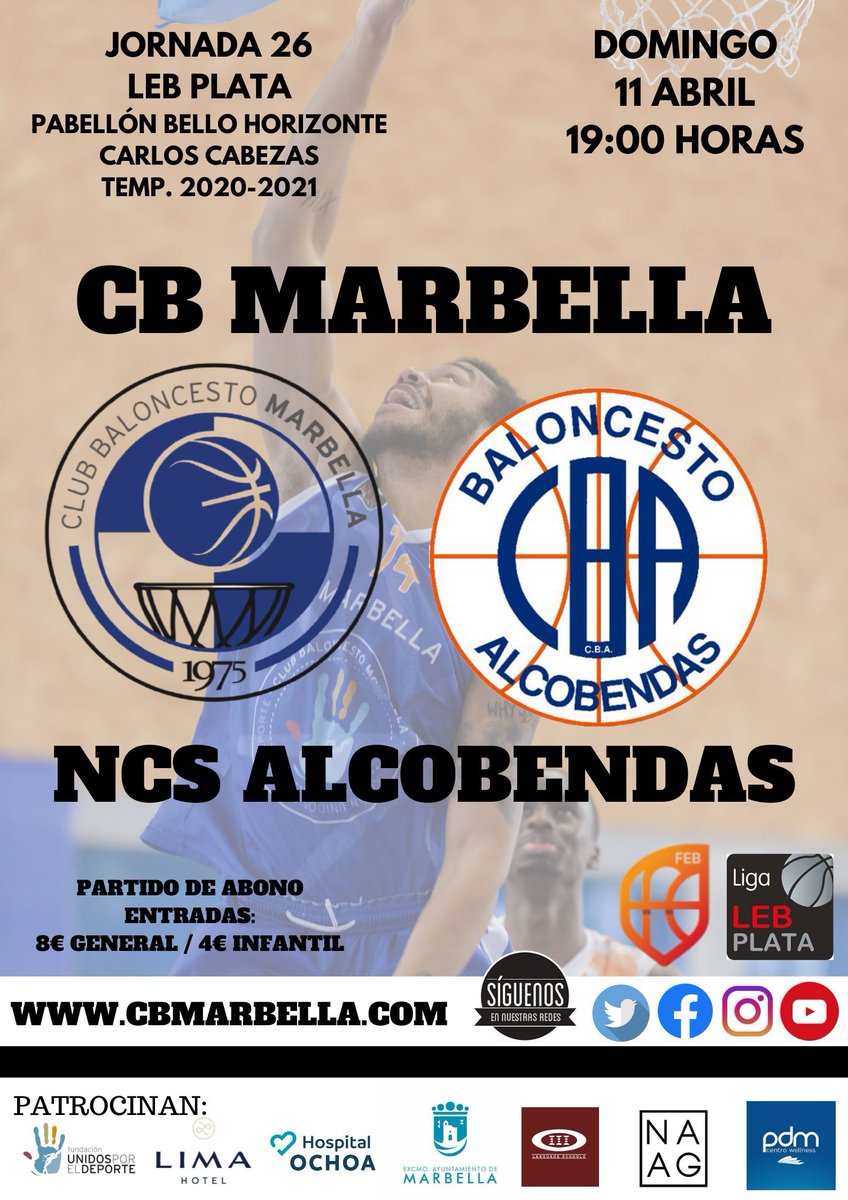 MarbellaBasket's tweet photo. #CANTERAPOWER El @cbmarbella espera el apoyo de toda la familia #MarbellaBasket en el último partido de la fase regular clave para afrontar los octavos de final del #playoff. 💪🏀
📆 Domingo 11 Abril 19:00 h.
🆚 NCS Alcobendas
🏟 Carlos Cabezas. https://t.co/ghFoUrLUSF https://t.co/CmQnfQTYiT