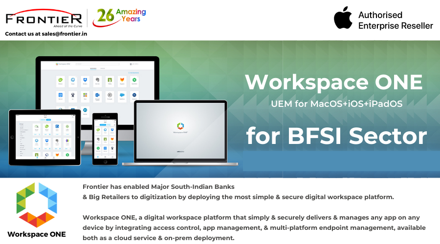 frontierbuzz's tweet photo. We have has enabled many large banks &amp; retailers to leap towards digitization with @VMware @WorkspaceONE.

Provisioning of this UEM platform for @Apple #macos #ios &amp; #iPad OS has taken the #banking #experience to the next level.

To know more, contact us at sales@frontier.in https://t.co/phtGnv9TCX