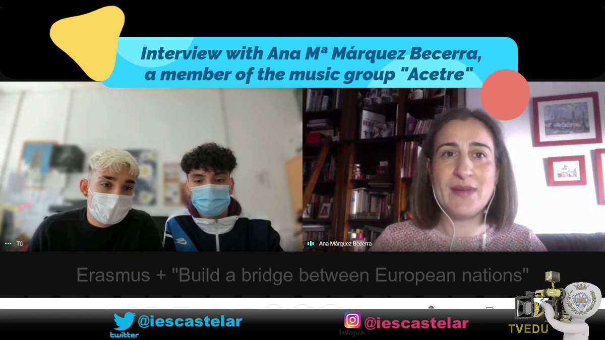 IESCastelar's tweet photo. Proyect Erasmus + "Build a bridge between European nations".
Interview with Ana Mª Márquez Becerra, a member of the music group "Acetre".
📽️ https://t.co/1HKbsVx6Oh📽️
Students: Álvaro Rubiales & Luis C. Rubio.
CITE #TVEDU recording
#erasmusbridge #ProyectosCITE
@Erasmus_Project https://t.co/jUMgIW469X