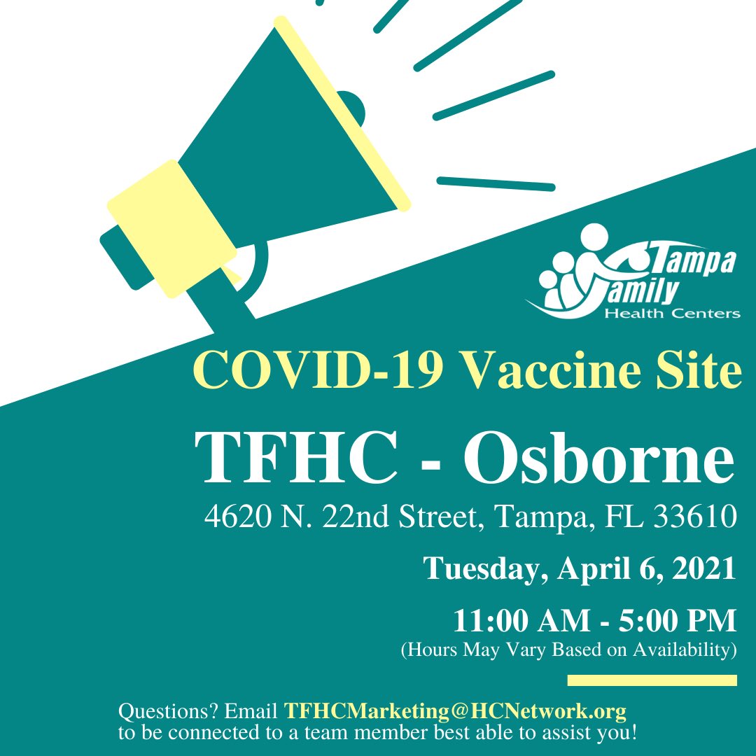 tampafamhealth's tweet photo. #COVID19 vaccines are available TODAY (Tues. 4/6) at TFHC - Osborne, beginning at 11:00 AM! All adults, ages 18 years and older, are currently eligible! 

For more information regarding hours of operation, eligibility and FAQs, please visit https://t.co/XPWdcL9Lcj! #Vaccinated https://t.co/xqdzoCFSZb