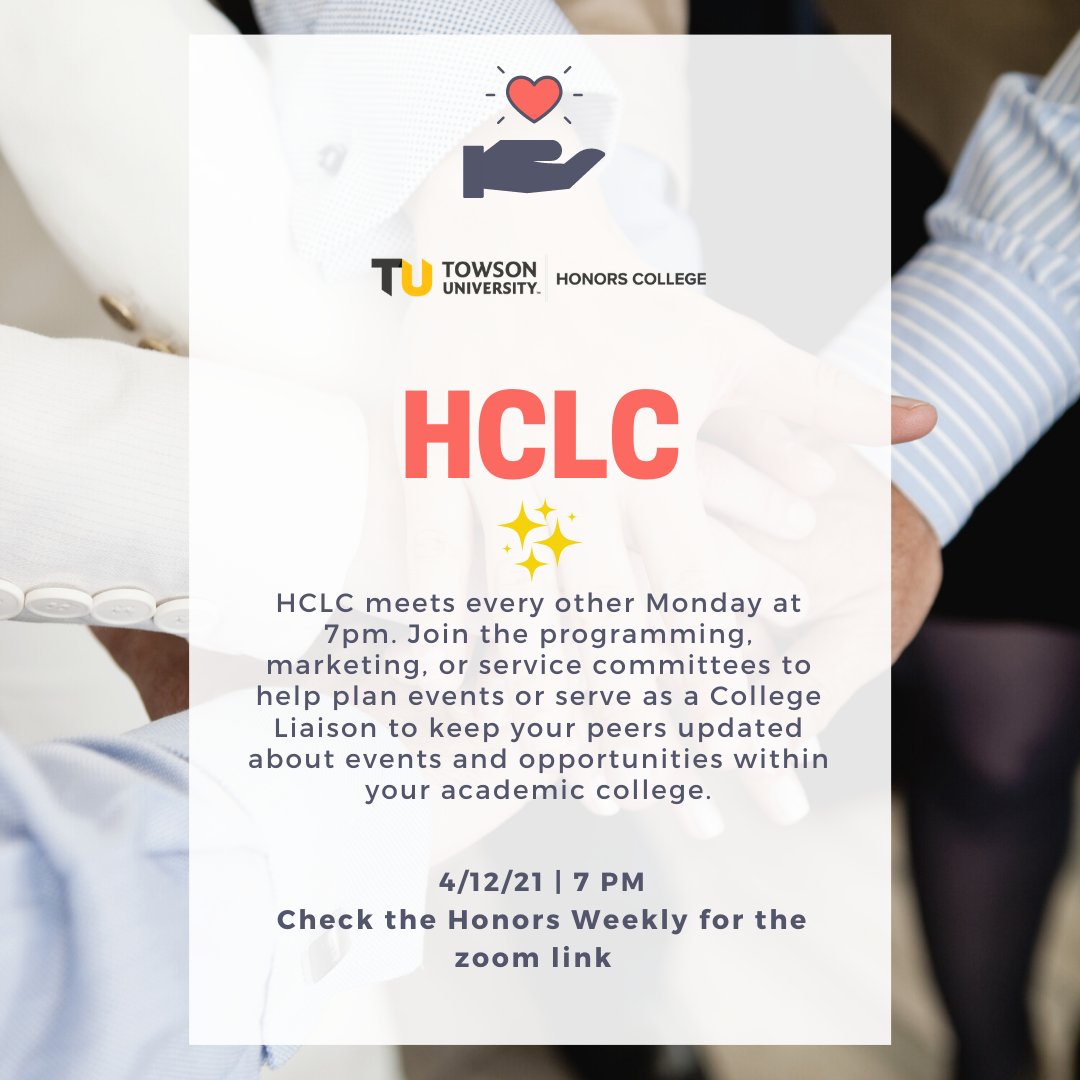 Come to our next HCLC meeting on Monday, April 12 at 7pm! Join the programming, marketing, or service committees to help plan events or serve as a College Liaison to keep your peers updated about events and opportunities within your academic college.