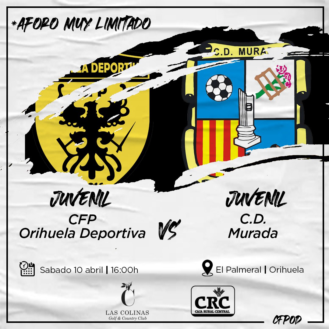 ¡Siguiente partido para el equipo juvenil! 💪🏾

🏆 Segunda Regional Juvenil
📑 Jornada 11
📆 Sábado 10
🕛 16h
🏟️ Polideportivo El Palmeral 
🆚 <a href="/CDMurada/">Club Dptvo. Murada</a>
⚠️ Aforo muy limitado 

Patrocinado por: 
<a href="/lascolinasgolf/">Las Colinas Golf</a> 
<a href="/Rural_Central/">CRC Caja Rural Central</a>

#VamosDeportiva 💛🖤