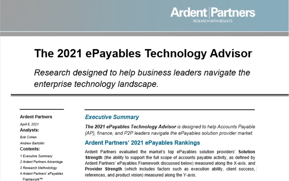 Ardent Partners Launches ePayables Technology Advisor Report: ow.ly/Jblv50EhxFv #ePayables #solutionprovider #APautomation