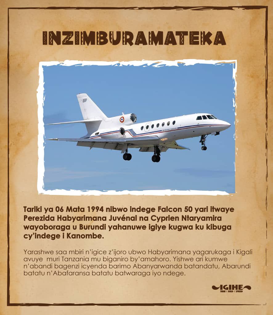 IGIHE's tweet photo. Tariki ya 06 Mata 1994 nibwo indege Falcon 50 yari itwaye Perezida Habyarimana Juvénal na Cyprien Ntaryamira wayoboraga u Burundi yahanuwe igiye kugwa ku kibuga cy’indege i Kanombe. https://t.co/94x2W9UMIv