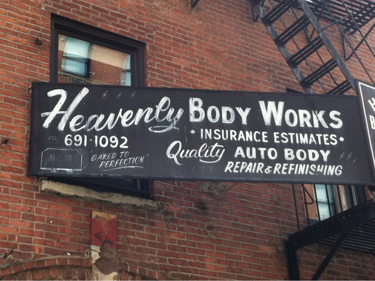BraveSigns's tweet photo. “Heavenly Body Works: Baked to Perfection. Insurance Estimates, Quality Auto Body Repair &amp; Refinishing.” W. 22nd Street, #Manhattan, 2012. ARCHIVE: Signs We Were Brave (no. 22) #heavenly #signs #signswewerebrave https://t.co/FR3P3KLRct