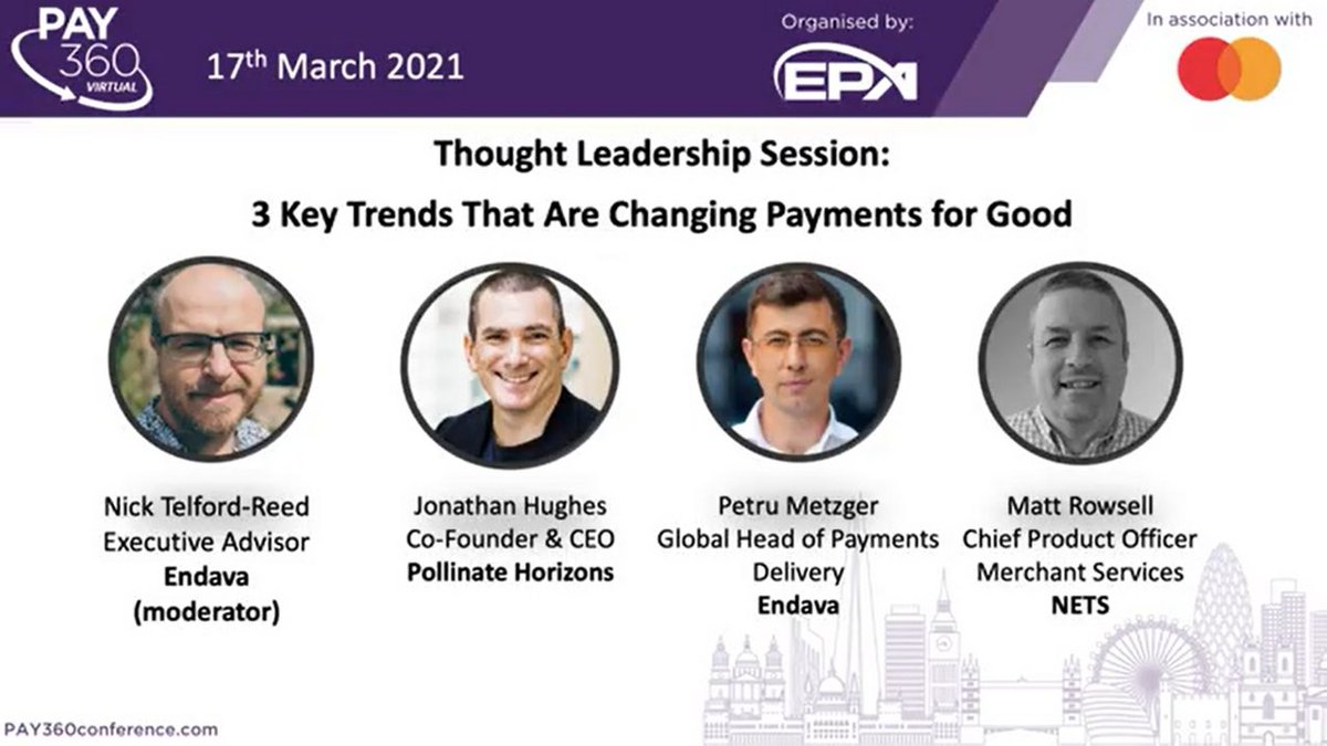ThePAssoc's tweet photo. Our PAY360 thought leadership session, ‘Three Key Trends Are Changing Payments for Good’ is now available to watch with panellists Nick Telford-Reed and Petru Metzger, @Endava, Jonathan Hughes, @PollinateInt and Matt Rowsell, @netsgroup. Watch: https://t.co/2ok0G4Dv7I #EPAevent https://t.co/Kcw2pv20kt