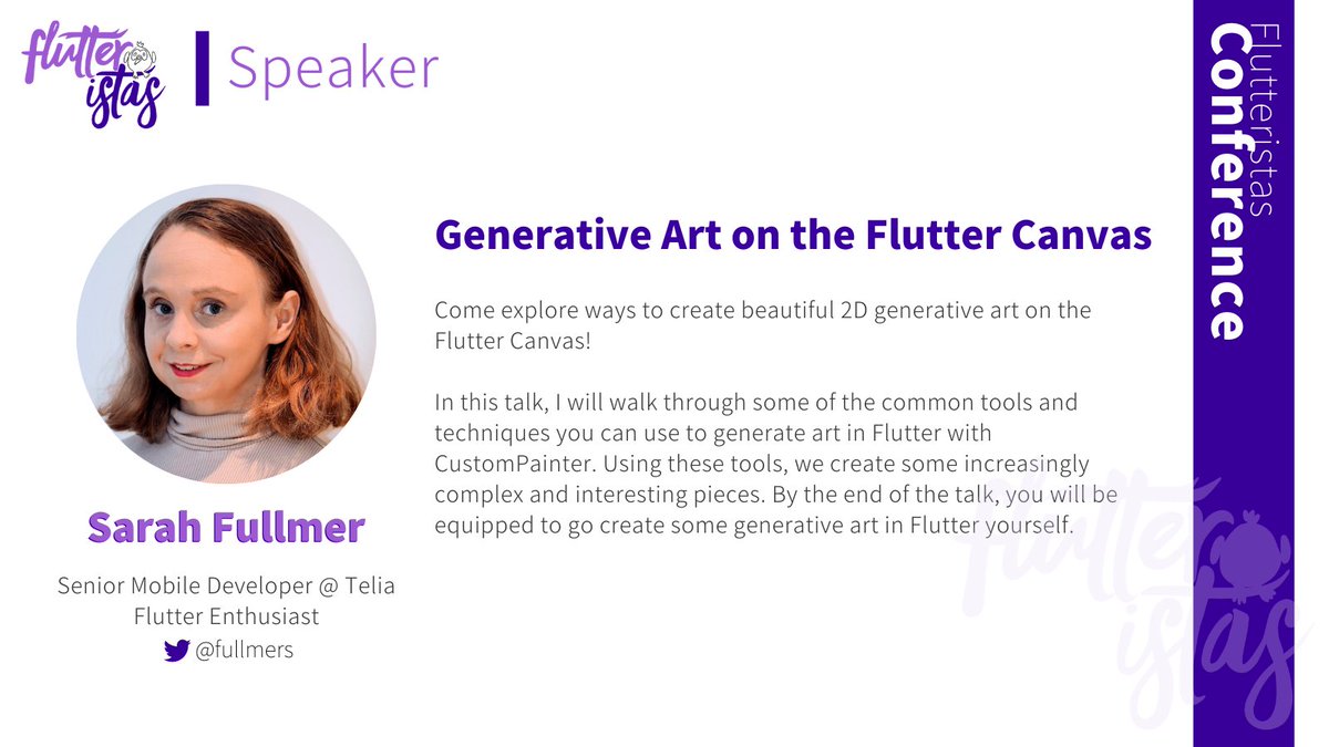 FlutteristasCon's tweet image. Join us to explore the potential of the Flutter engine to render some beautiful static images and animations! 💙
"Generative Art on the Flutter Canvas" by Sarah Fullmer(@fullmers) 🎉
at #flutteristasConf2021 🤩
Register now! flutteristas.org 💙
#flutteristas