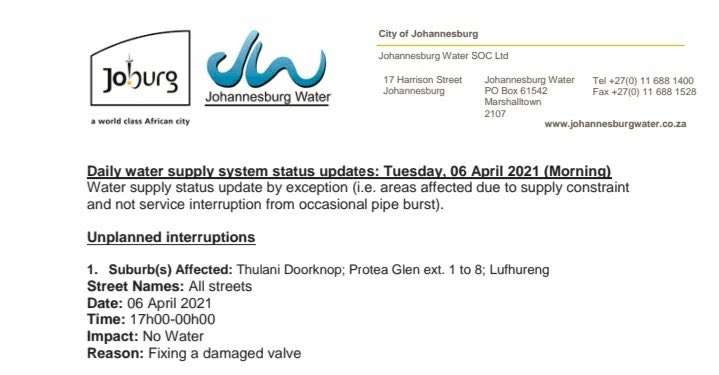 CityofJoburgZA's tweet photo. #joburgupdates Reminder:Planned Water outage from 17h00-00h00 this evening affecting Protea Glen ext 1-8, Lufhereng.See attached for more details #savethelastdrop ^NB https://t.co/xjyf80Yn4X