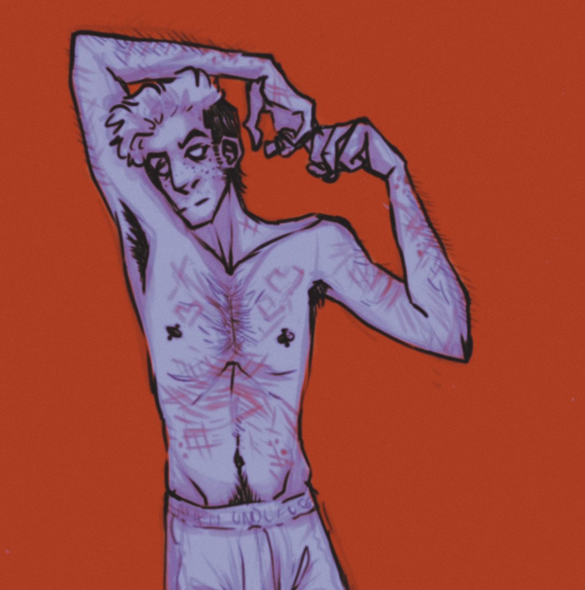 johnneycarnage's tweet photo. Some canon info: Johnney cuts himself because he likes how those scars look, not because he's depressed (it's like getting a tattoo tbh)
#slasheroc #originalcharacter #myOC #ArtistOnTwitter #sketches #scars #cutting https://t.co/kFUQlx7Lax