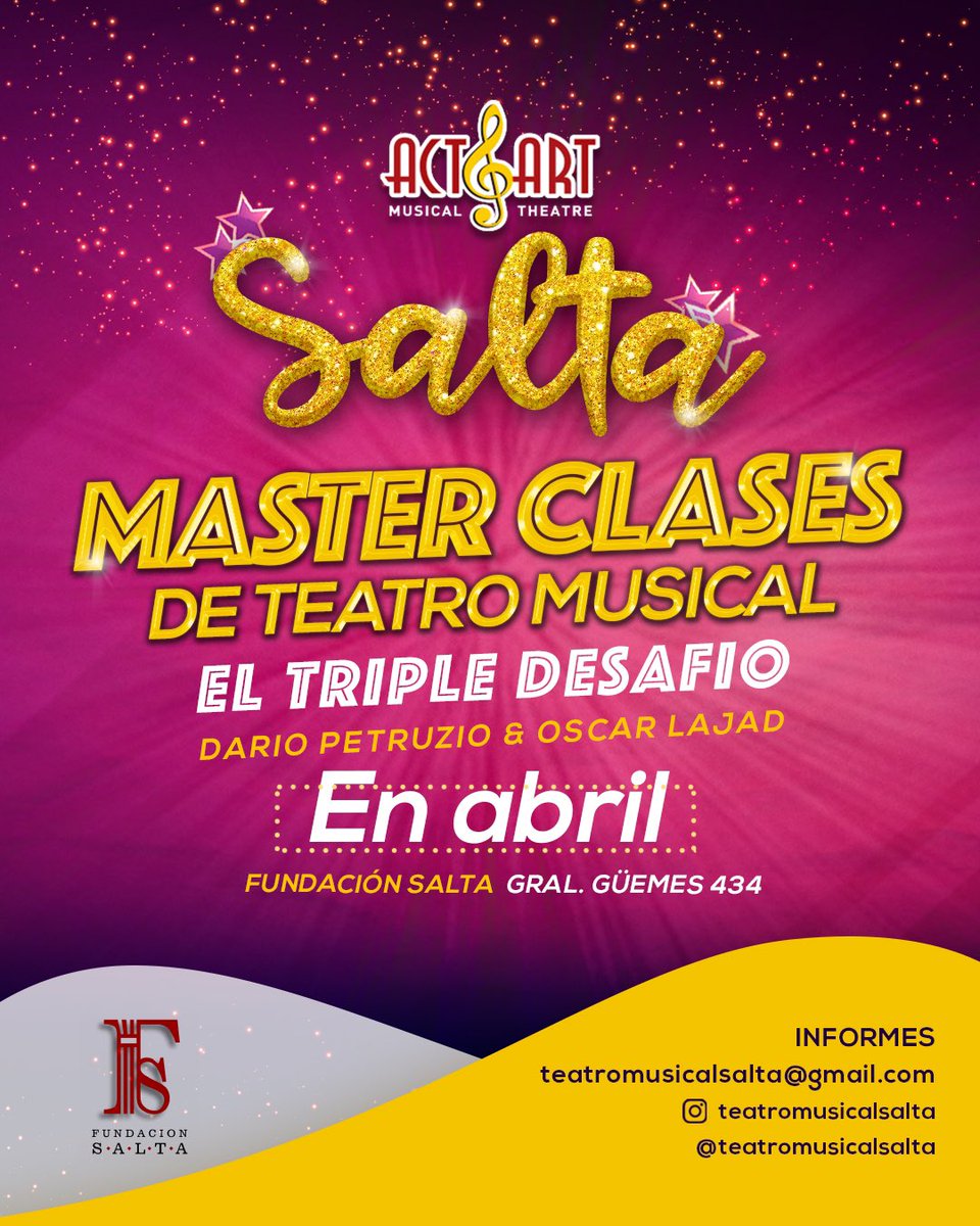 tmsalta's tweet photo. ⭐️Comienzan nuestras Master Clases de Teatro musical en Salta 🎭 🎶
¡Abiertas las inscripciones!
⭐️El Triple desafió de  Cantar, Bailar y Actuar te espera!!🕺💃🎼🎭
Cupos limitados 
.
 Más info por DM o en 👉teatromusicalsalta@gmail.com https://t.co/dJQrPoBQoH