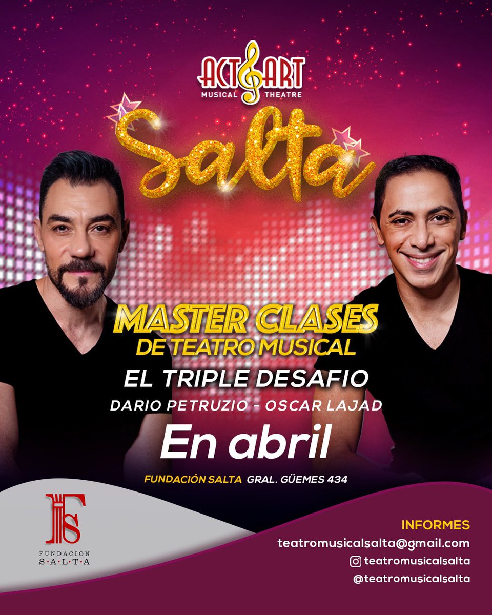 tmsalta's tweet photo. ⭐️Comienzan nuestras Master Clases de Teatro musical en Salta 🎭 🎶
¡Abiertas las inscripciones!
⭐️El Triple desafió de  Cantar, Bailar y Actuar te espera!!🕺💃🎼🎭
Cupos limitados 
.
 Más info por DM o en 👉teatromusicalsalta@gmail.com https://t.co/kcdgzuizzD