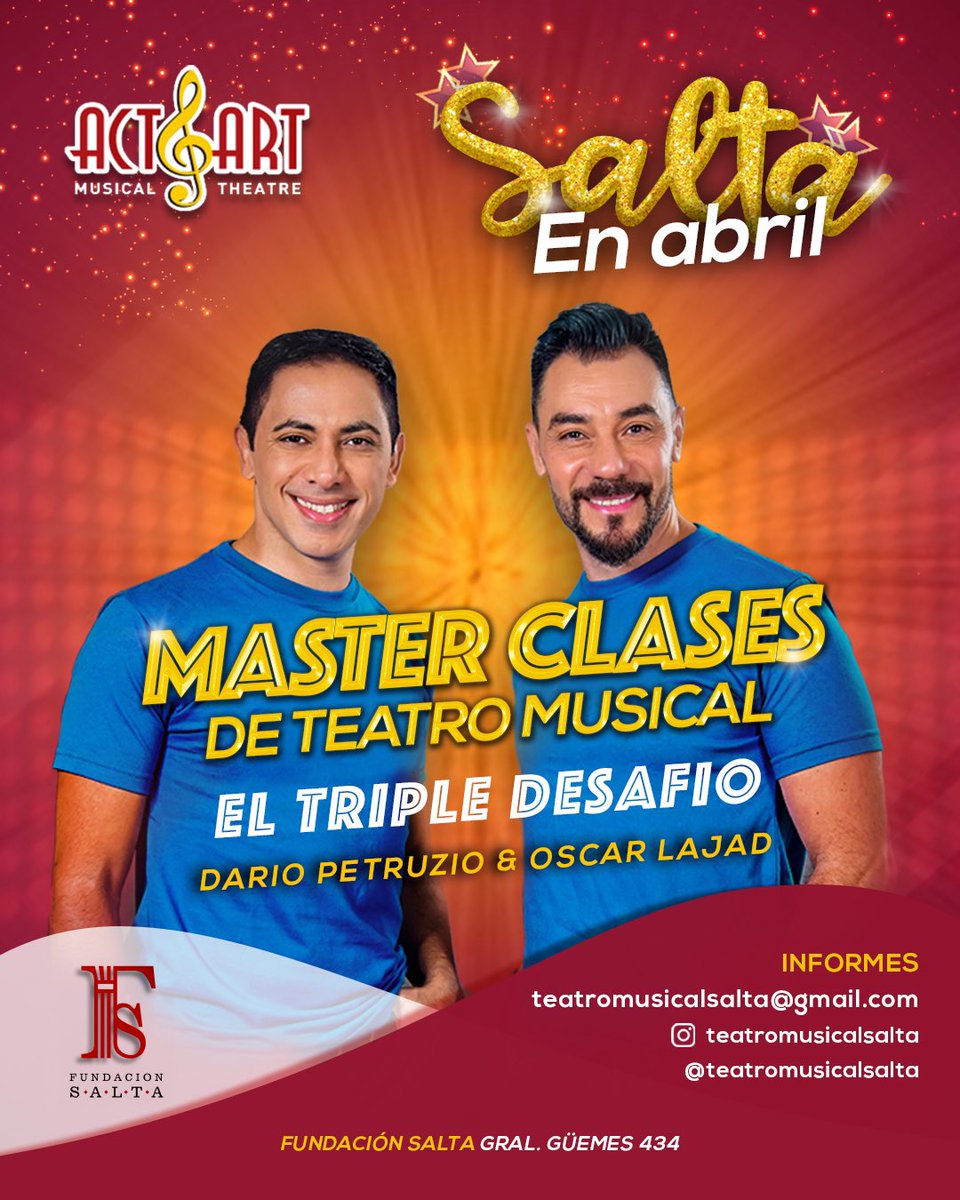 tmsalta's tweet photo. ⭐️Comienzan nuestras Master Clases de Teatro musical en Salta 🎭 🎶
¡Abiertas las inscripciones!
⭐️El Triple desafió de  Cantar, Bailar y Actuar te espera!!🕺💃🎼🎭
Cupos limitados 
.
 Más info por DM o en 👉teatromusicalsalta@gmail.com https://t.co/RhAcTnIyQV