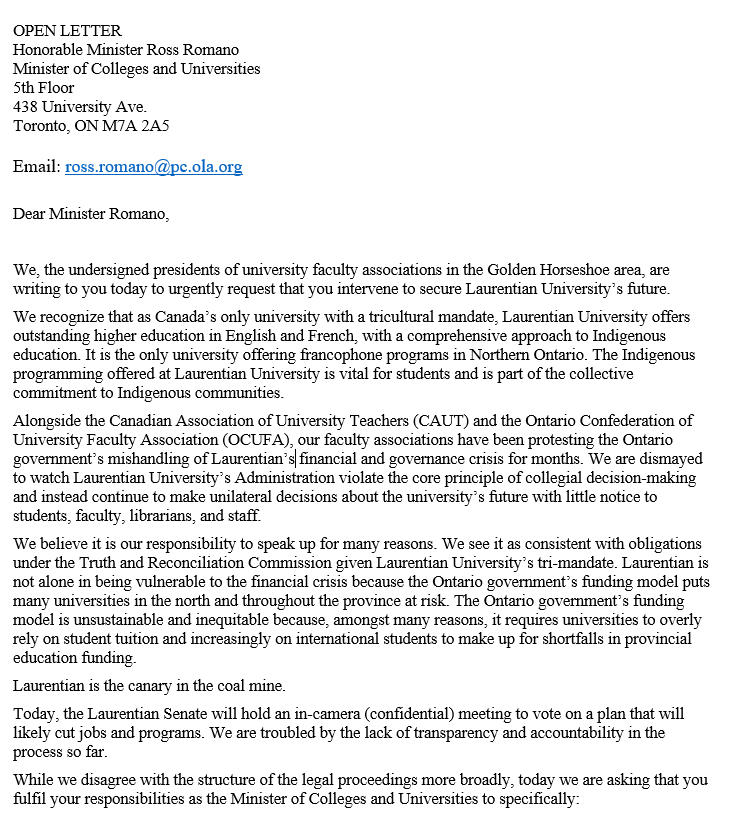 utfaculty's tweet image. We join @lufappul in solidarity by sending @RossRomanoSSM a letter expressing our concerns that Laurentian's Administration is moving forward with unilateral decisions.

We urge the Minister to act ahead of today's LU Senate vote that will decide its future. #FundLU #onpoli