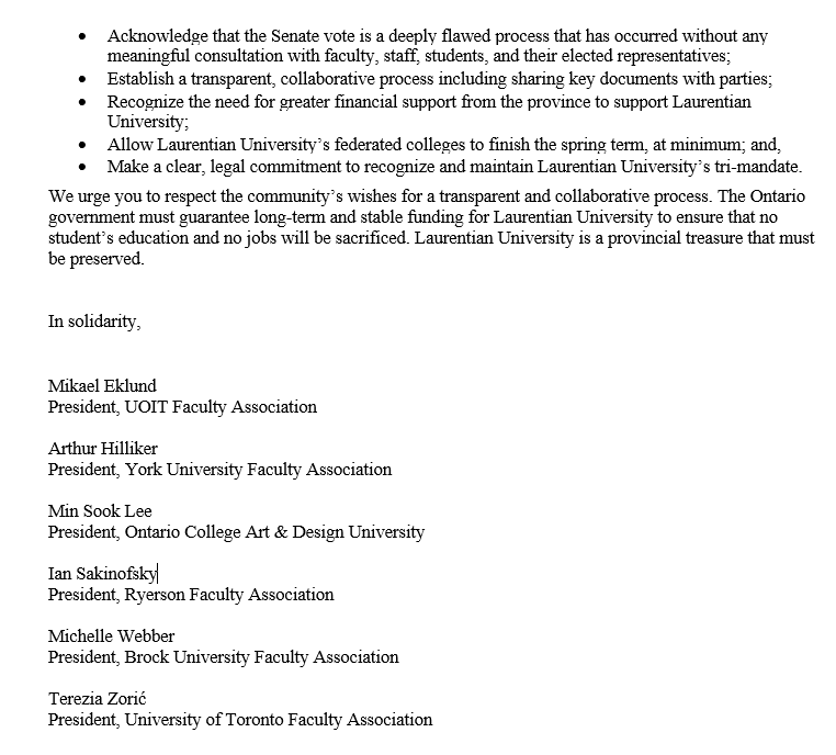 utfaculty's tweet image. We join @lufappul in solidarity by sending @RossRomanoSSM a letter expressing our concerns that Laurentian's Administration is moving forward with unilateral decisions.

We urge the Minister to act ahead of today's LU Senate vote that will decide its future. #FundLU #onpoli