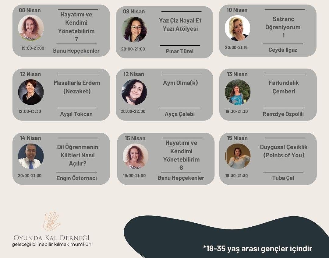 oyundakaldern's tweet photo. Nisan ayı takvimi iz yine dopdolu. Katılmak için biyomuzdaki linkten telegram gruplarına bekliyoruz. Zoom linkleri telegram üzerinden oyun öncesinde paylaşılacaktır. #oyundakalderneği #yolculukoyunu #Nisan #oyundakal https://t.co/cb8bI2vMYn