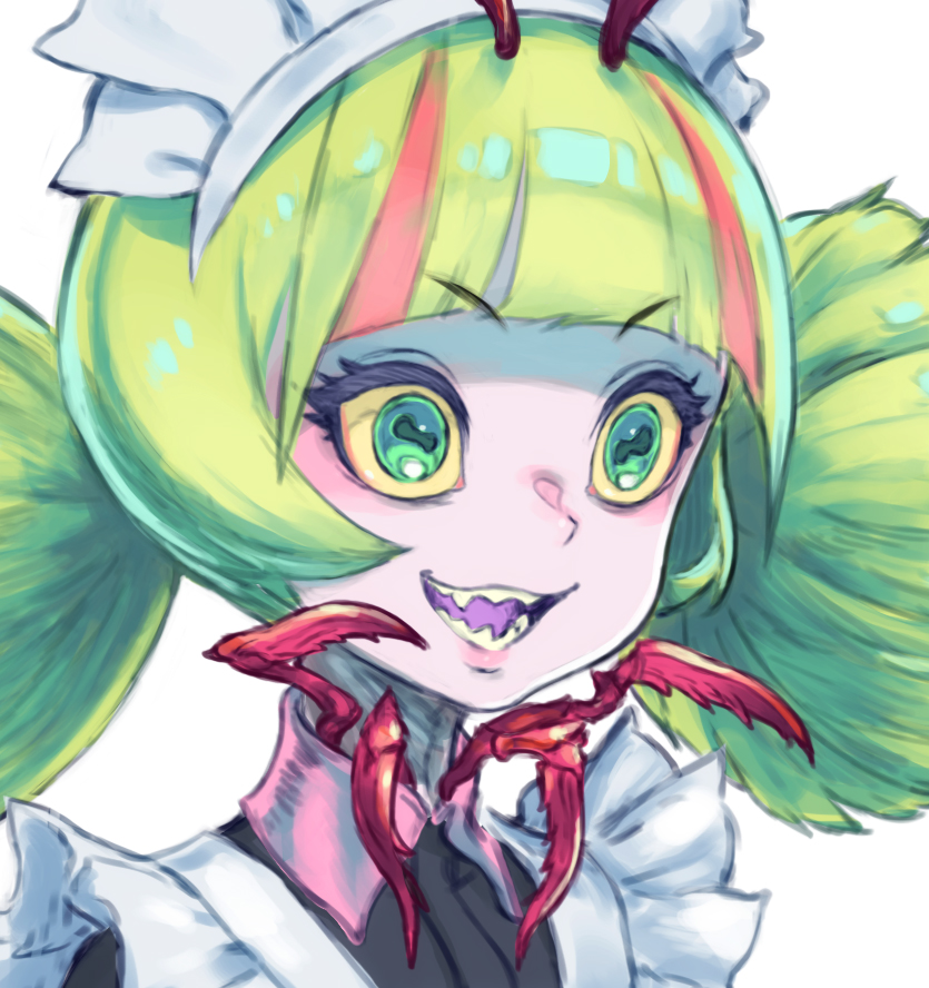 1girl solo teeth green eyes maid headdress green hair sharp teeth  illustration images