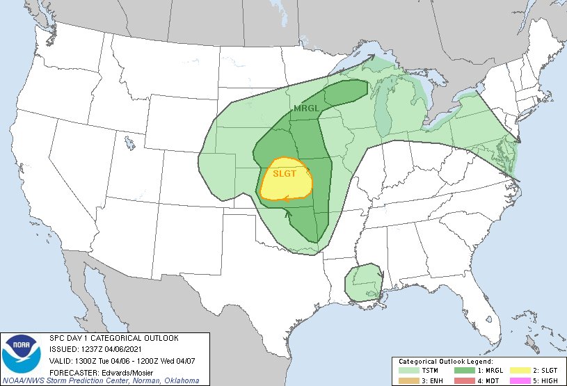 Rodbod52's tweet photo. Today's Forecast and Thunderstorm Outlook April 6 2021
 2  % Tornado Risk Wichita, KS...Salina, KS...Manhattan, KS. .Hastings, Ne  
 15 % Hail Risk Wichita, KS...Overland Park, KS...Kansas City, KS...Topeka, KS Olathe, KS
 #Tornado #KansasCity #Missouri #Kansas #wxmo #wxks https://t.co/BxiqGoOXFk