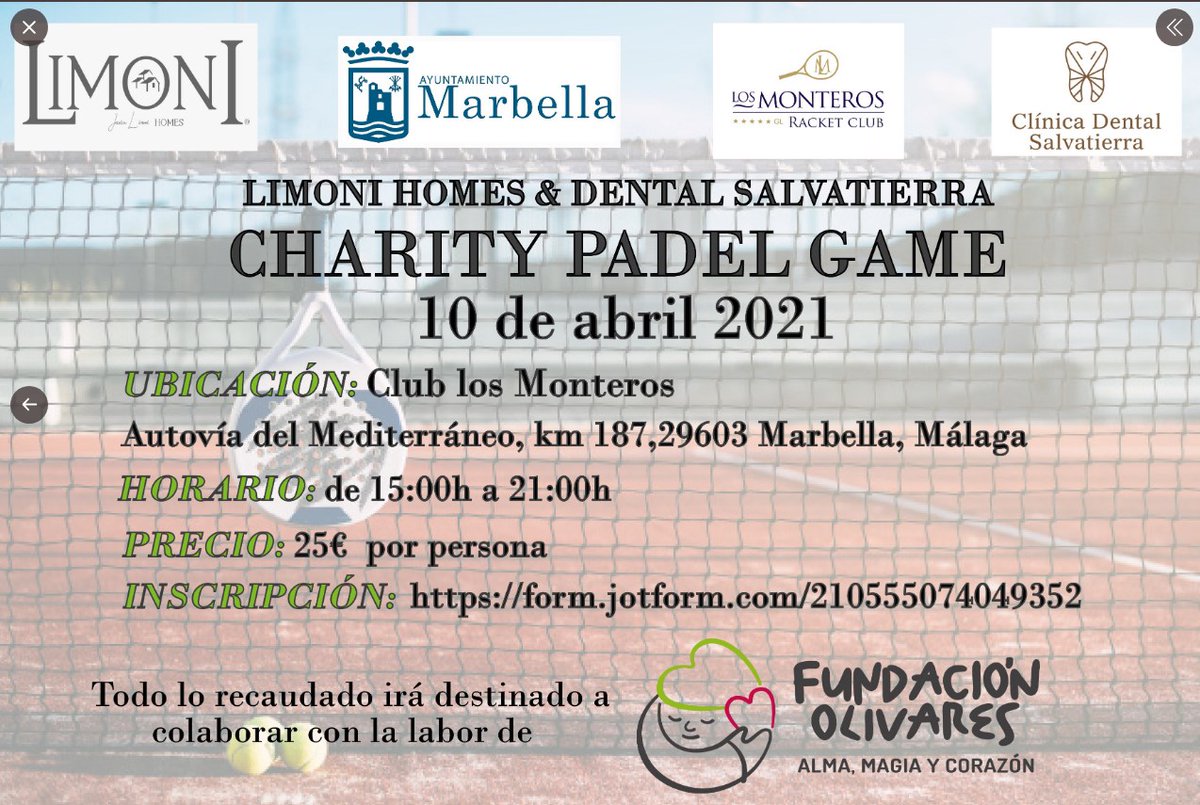 Este sábado por la tarde un torneo de pádel solidario en beneficio de nuestro #socioCIT <a href="/FundOlivares/">Fundación Olivares</a> en <a href="/MonterosRacket/">Racket Los Monteros</a>
Los interesados pueden inscribirse a través de la plataforma @JotForm