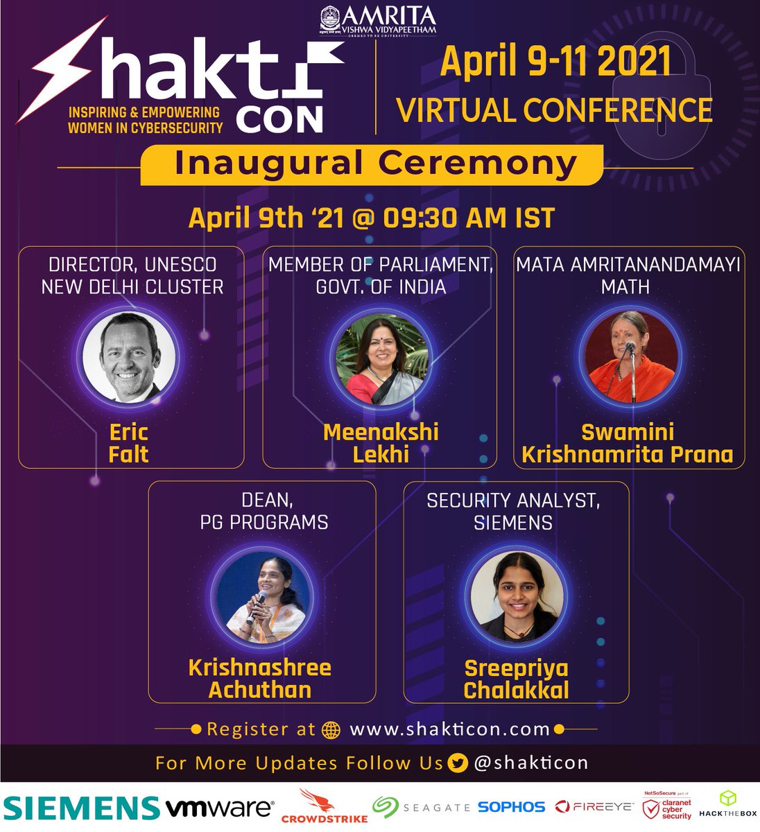shakticon's tweet photo. Join #ShaktiCon's #Inauguration with our esteemed chief guests:

- #EricFalt [ #Director, @UNESCO #NewDelhi cluster ]
- @M_Lekhi [ #MemberOfParliament, Govt. of #India ]
- #SwaminiKrishnamritaPrana from @AMRITAedu
- @KrishnashreeA from @AMRITAedu
- @priyachalakkal from @Siemens https://t.co/ZuMoEUd8IG