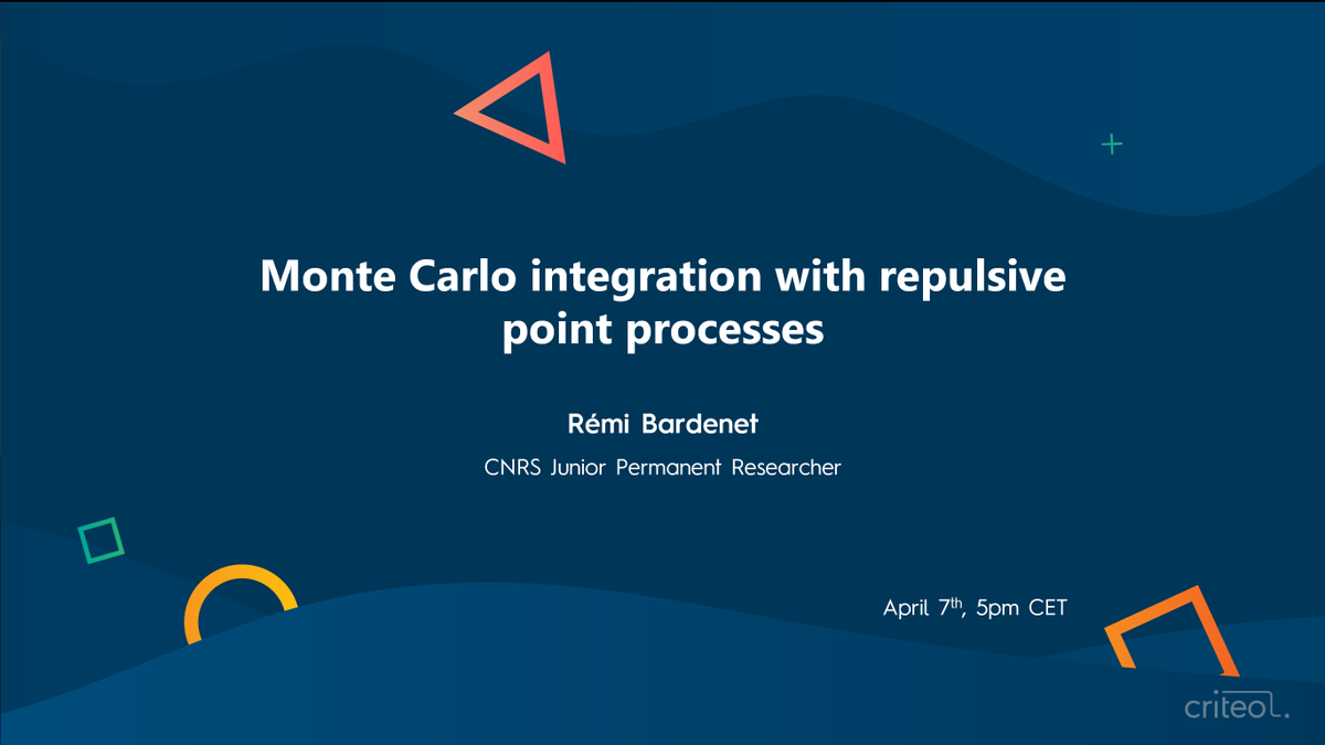 CriteoAILab's tweet photo. Want to know more about Monte Carlo integration with repulsive point processes?

Join our next talk on April 7th, with Rémi Bardenet 👉 https://t.co/8ySrH1xWEk👈

@BayesianIn #MachineLearning https://t.co/hv3l2TGUIT