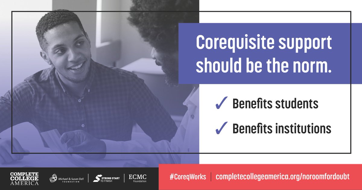LenoreRodicio's tweet image. Dev ed has long been a barrier to college success, especially for minoritized populations. The corequisite model has been effective in eliminating long remedial course sequences that become costly barriers to a degree. Learn more at completecollege.org/noroomfordoubt  #CoreqWorks