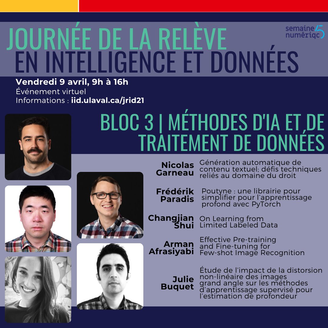 IID_ULaval's tweet photo. Ce vendredi 9 avril, lors de la @SemainenumeriQC ne manquez pas la 1ere Journée de la relève en intelligence et données. Au menu: 16 présentations étudiantes @universitelaval touchant à de multiples champs d'application de l'IA. #SNQC21

Informations > https://t.co/ecy5eKUse1 https://t.co/3CQc6lzIoj