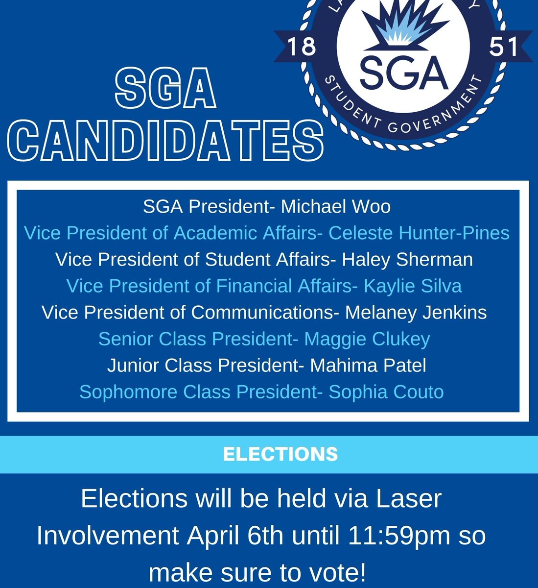 LU_activities's tweet photo. SGA Election votes are due TONIGHT! Make sure your vote on Laser Involvement! https://t.co/MDsEesW5FV