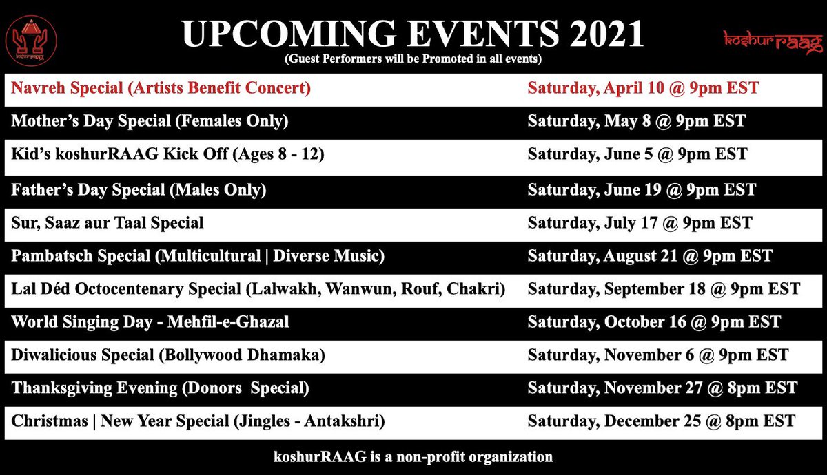 KoshurRaag's tweet photo. KoshurRAAG Upcoming Events 2021. Please join us and support all our Kashmiri Pandit Artists across the Globe. Don’t miss NAVREH SPECIAL - ARTISTS BENEFIT CONCERT on April 10 US/Canada, April 11 India / Australia to raise $$ for our talented Kashmiri Pandits. https://t.co/Or99yVqkDA