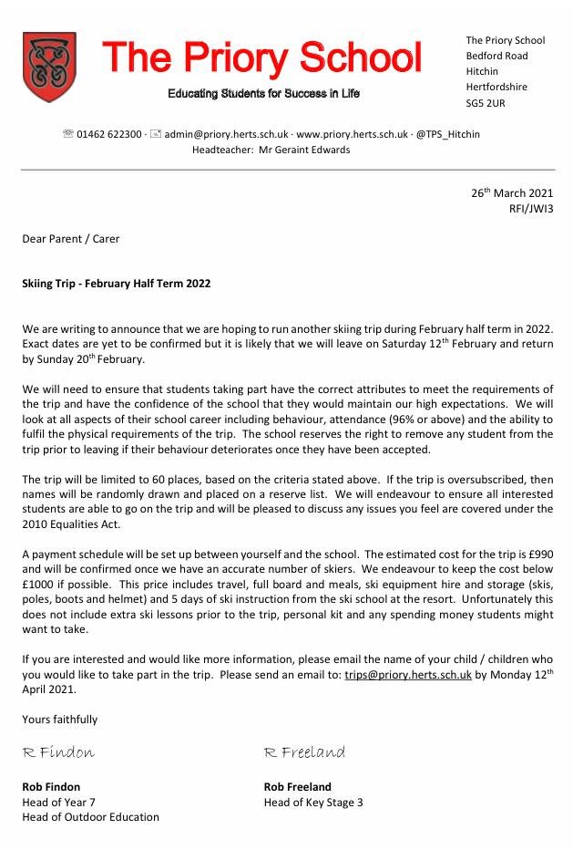 SkiTPS's tweet photo. So the start of the summer term is only a few weeks away... time to start thinking about the next @SkiTPS ski trip in February 2022! The letter below was sent home just before the Easter holidays. Looking forward to the next stage of planning! @TPS_Hitchin @TPS_OutdoorEd https://t.co/G92pSNvpQn